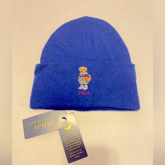 POLO RALPH LAUREN Men's BASKETBALL BEAR Cuff Beanie Hat Skull Ski Cap ROYAL BLUE - Picture 1 of 3